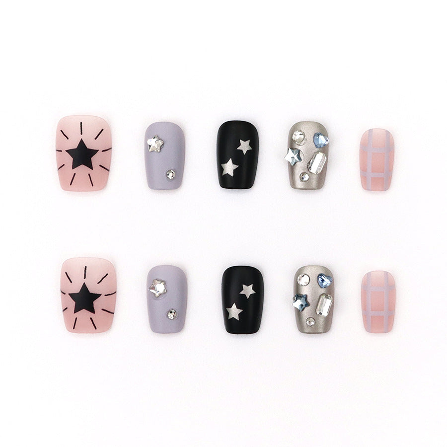 Celestial Dream Press On Nail Set Medium Square Matte Pastel Pink Grey Black with Starry Gemstone Accents