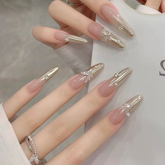 Glamorous Elegance Long Almond Beige and Metallic Gold Press On Nail Set with Floral Accents