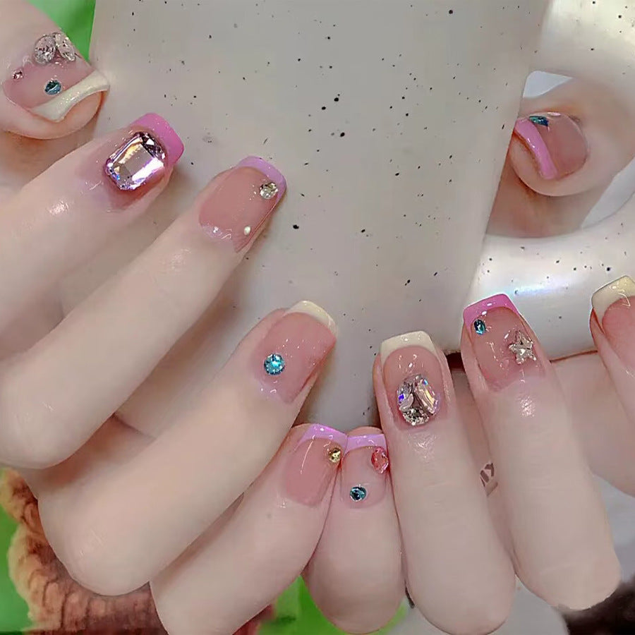 Glamorous Mirage Medium Square Pink and Beige Press On Nail Set with Dazzling Gem Accents