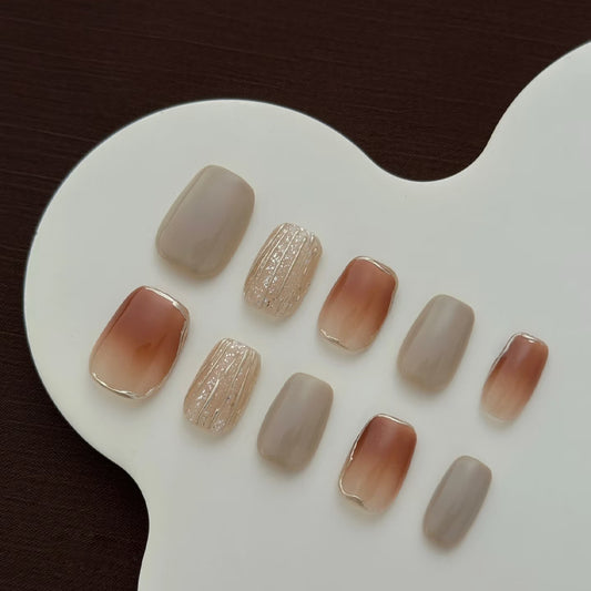 Elegance in Essence Medium Square Shaped Beige and Gradient Brown Press on Nail Set with Unique Textured Finish