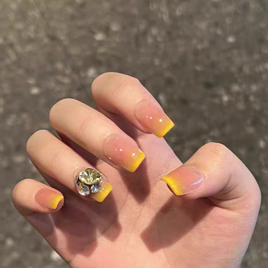 Sunny Delight Medium Square Yellow Ombre Press On Nail Set with Gemstone Accent