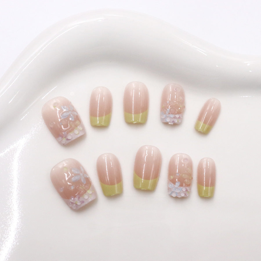 Blossom Dream Short Square Beige with Elegant Floral Accents Press On Nail Set