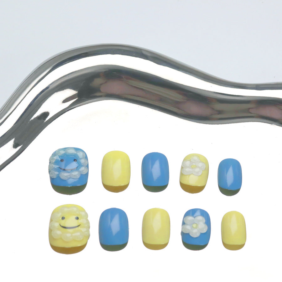 Sunny Spring Vibes Short Square Yellow and Blue Press On Nail Set with Whimsical Flower and Cute Sheep Design