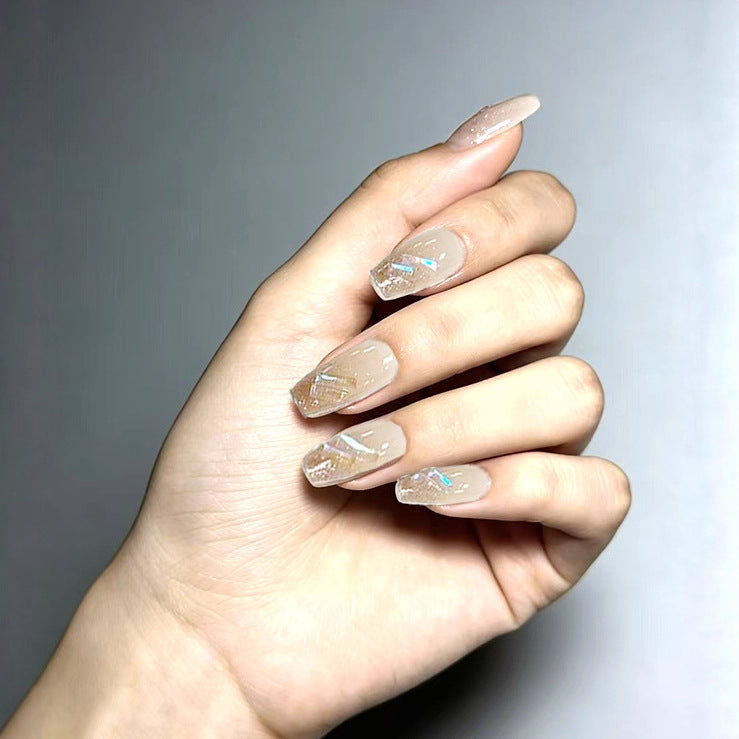 Glistening Elegance Long Coffin Beige with Iridescent Glitter Press On Nail Set