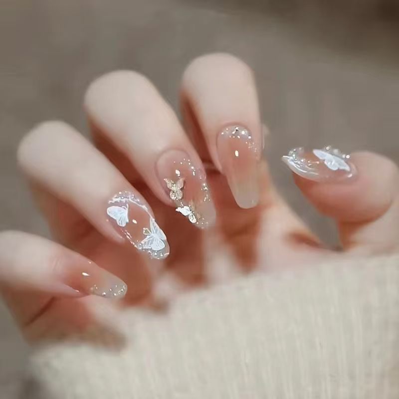 Whimsical Butterfly Dream Long Almond Beige with Floral Accents Press On Nail Set