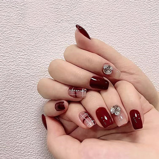 Glamorous Evening Burgundy Medium Coffin Press On Nails with Glitter Accents and Stylish Patterns