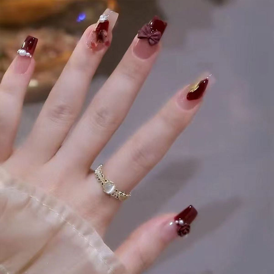 Elegant Autumn Charm Long Square Burgundy Press-On Nail Set with Floral and Bow Accent