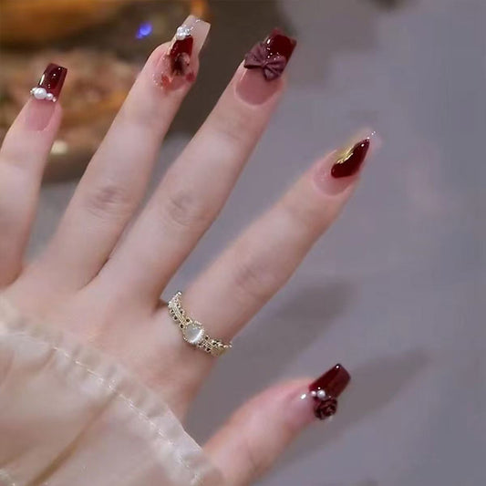 Elegant Autumn Charm Long Square Burgundy Press-On Nail Set with Floral and Bow Accent