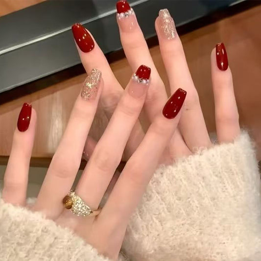 Glamorous Delight Long Coffin Burgundy and Glitter Encrusted Press On Nail Set