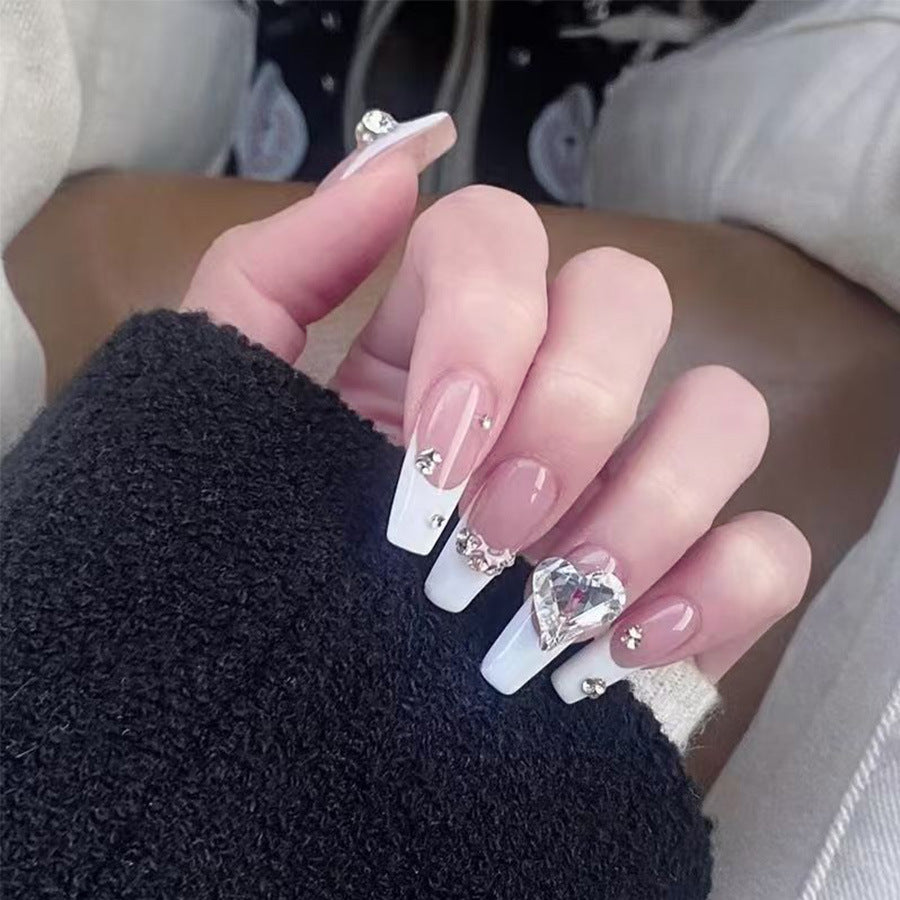 Glamorous Elegance Long Coffin White and Beige Press-On Nail Set with Stunning Rhinestone Accents