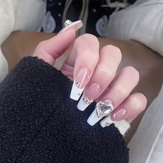 Glamorous Elegance Long Coffin White and Beige Press-On Nail Set with Stunning Rhinestone Accents