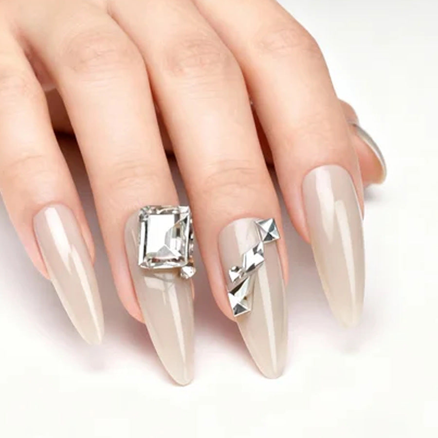 Glamorous Elegance Long Almond Beige Press On Nail Set with Stunning Gemstone Accents