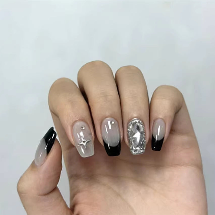 Glamorous Elegance Medium Coffin Black and Gray Ombre with Gemstone Accents Press on Nail Set