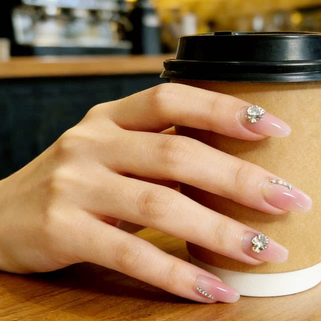 Coffeehouse Charm Elegant Medium Coffin Pink Press On Nail Set with Dazzling Rhinestones