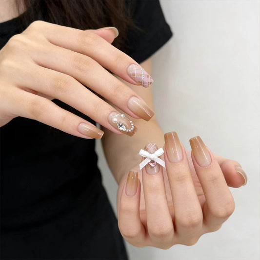 Chic Elegance Long Square Natural Beige Beauty with Charming Pearl Embellishments