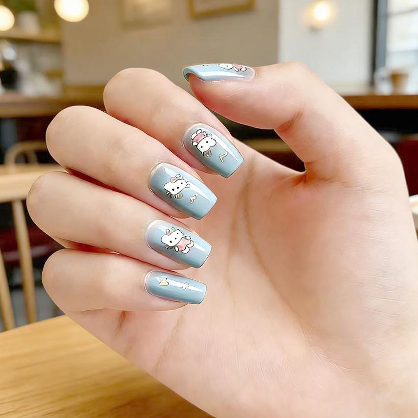 Whimsical Aqua Medium Square Press-On Nail Set Featuring Adorable Character Designs