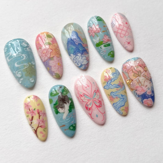 Enchanting Floral Medium Almond Pastel Press On Nail Set Featuring Exquisite Hand-Painted Designs