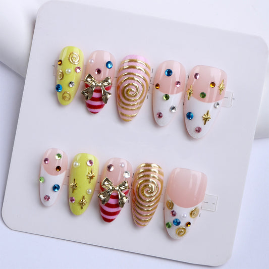 Festive Glamour Medium Almond Yellow with Sparkling Gems and Whimsical Swirls Press On Nail Set