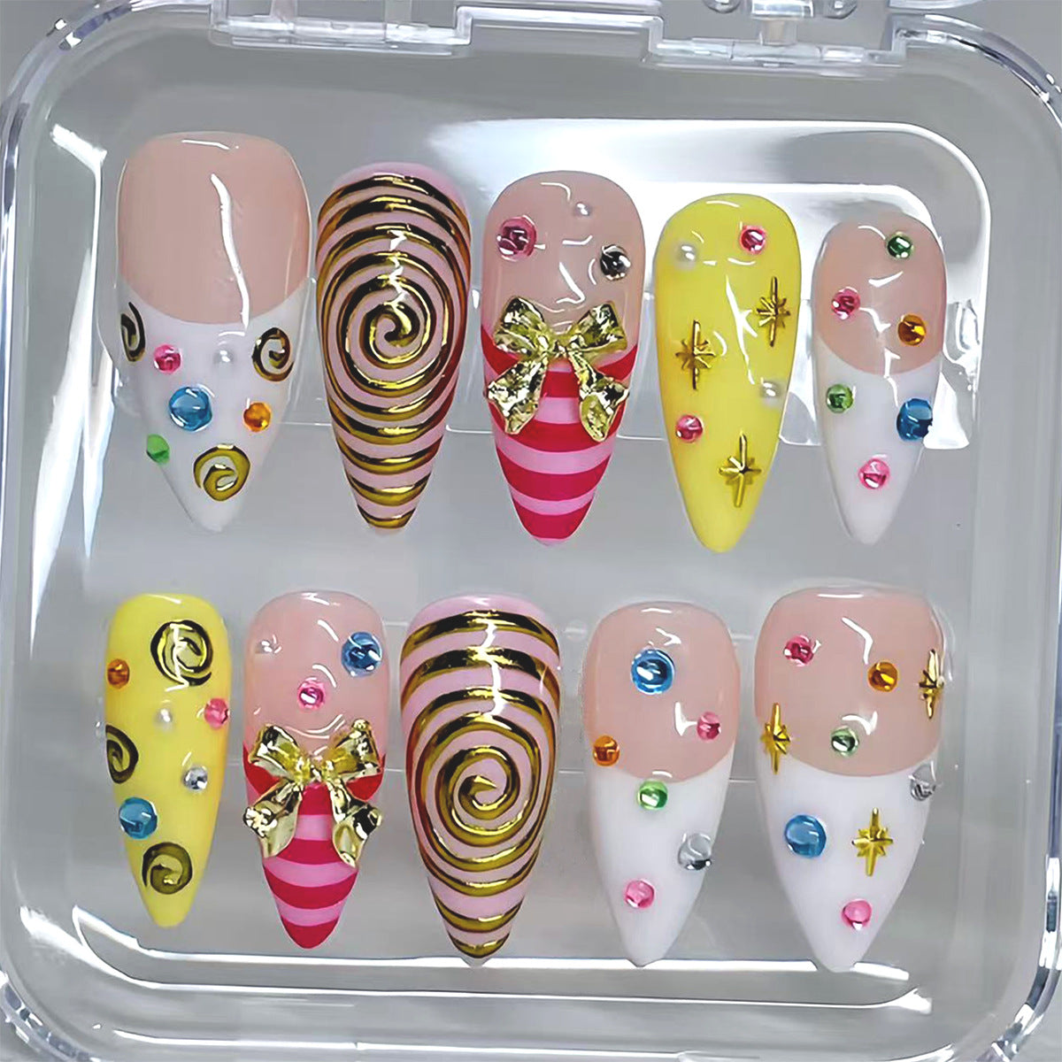 Delightful Candyland Medium Almond Yellow with Sparkling Gem Accents Nail Set
