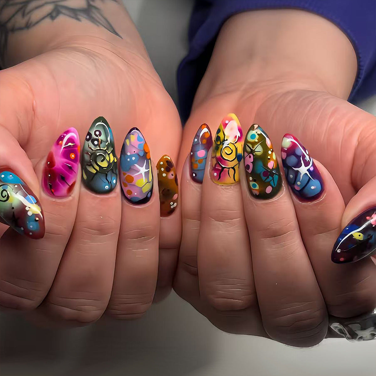 Bohemian Elegance Medium Almond Multicolor Artistic Design Press on Nail Set