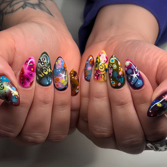Bohemian Elegance Medium Almond Multicolor Artistic Design Press on Nail Set