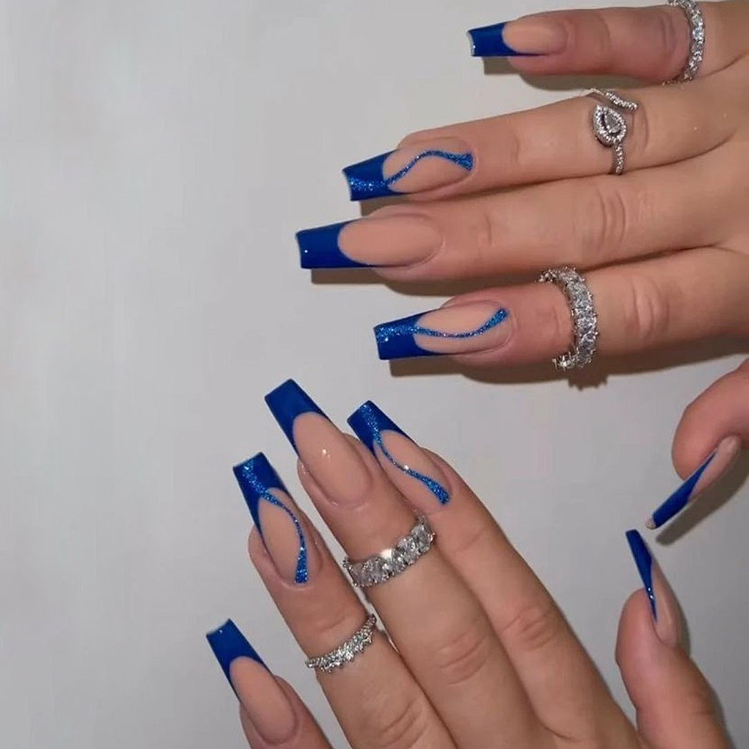 Midnight Elegance Extra Long Coffin Royal Blue Press On Nails with Glitter Accents