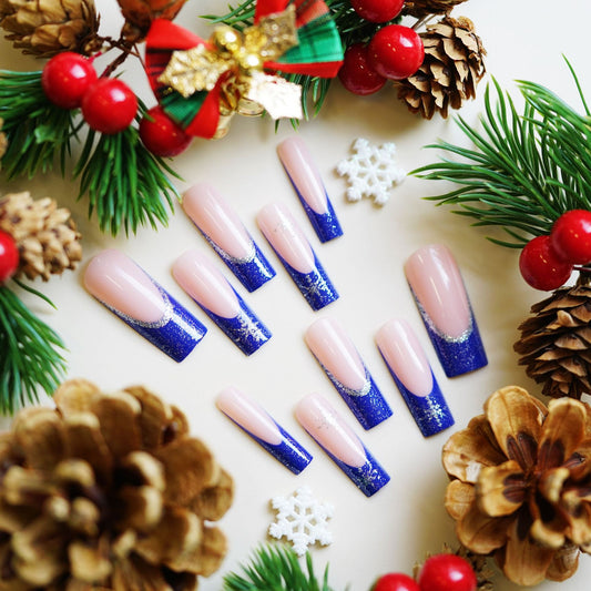 Winter Wonderland Elegant Long Square Blue Glitter French Tip Press On Nail Set