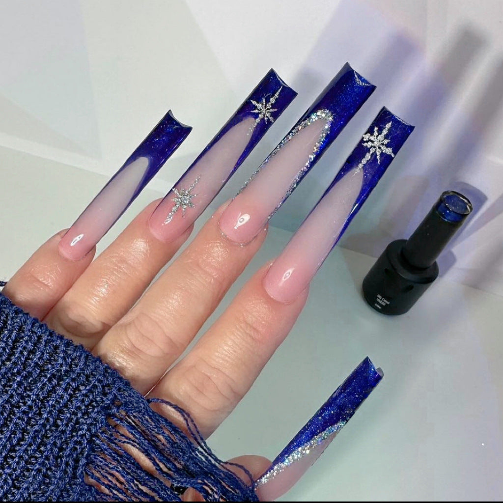 Celestial Dream Long Square Shaped Dark Blue with Glitter Snowflake Nail Set