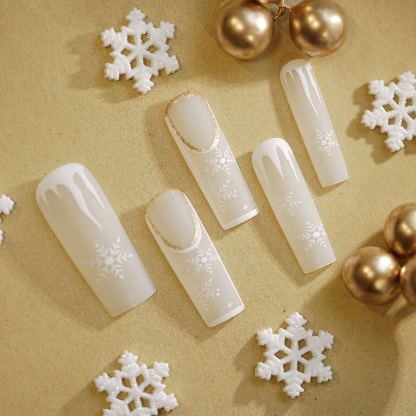 Winter Wonderland Dreamy Long Square Frosted White Press On Nail Set with Snowflake Art and Gold Accents