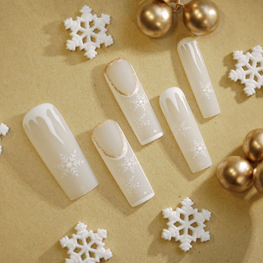 Winter Wonderland Dreamy Long Square Frosted White Press On Nail Set with Snowflake Art and Gold Accents