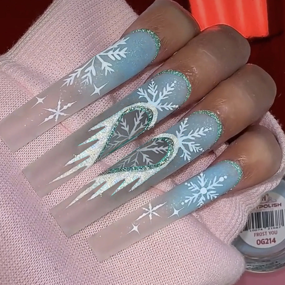 Winter Wonderland Long Square Translucent Ice Blue with Snowflake Glitter Design Press-On Nails Set