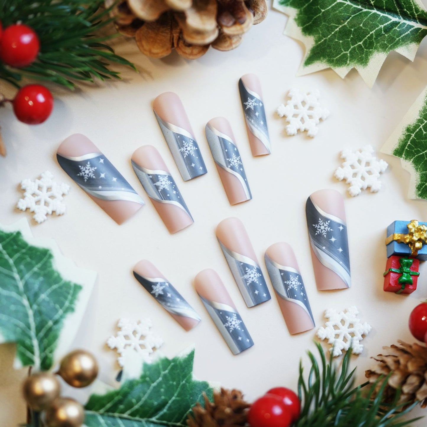 Winter Wonderland Long Square Gray and Silver Snowflake Press On Nail Set