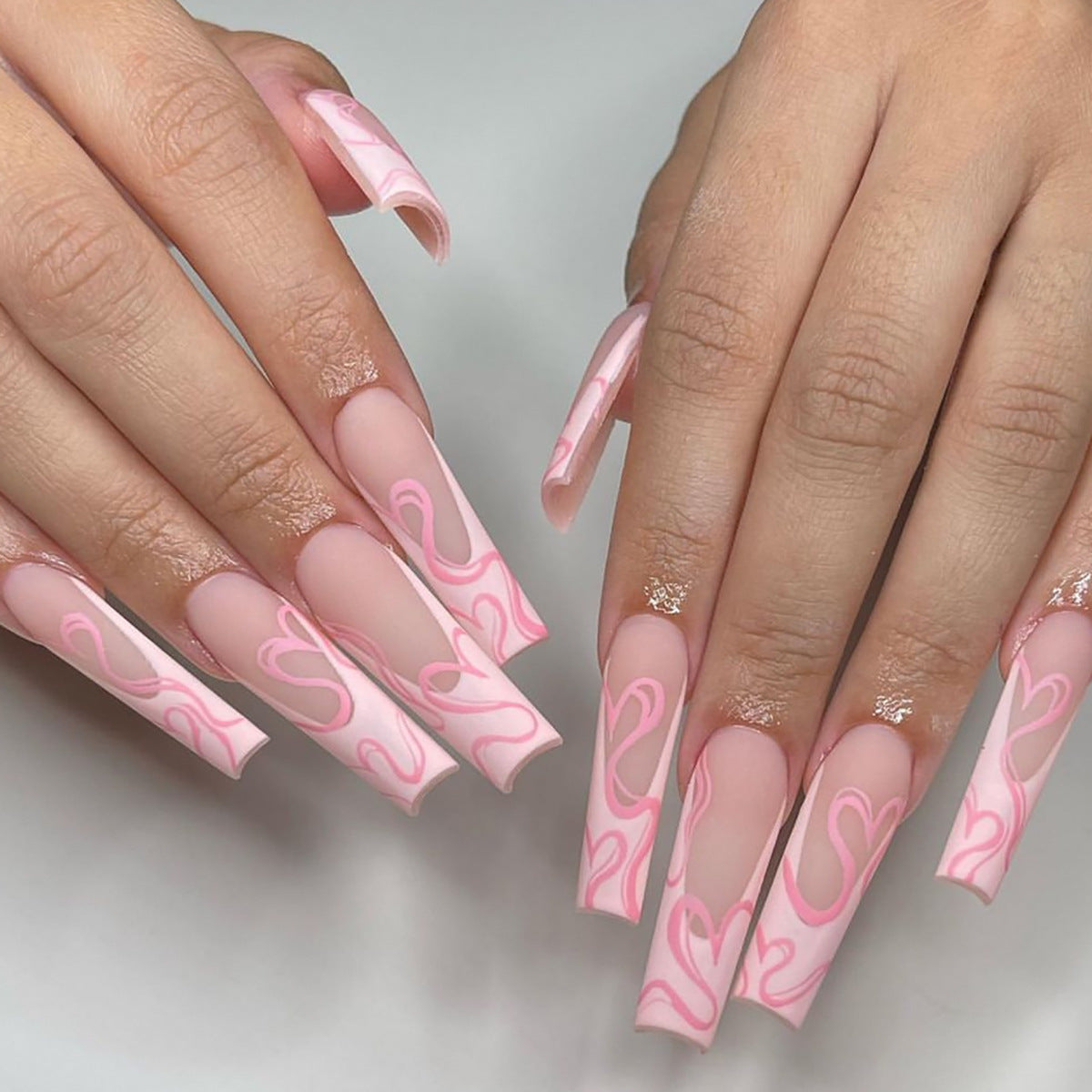 Flamingo Paradise Extra Long Coffin Press On Nail Set Pink with Heart Swirl Design