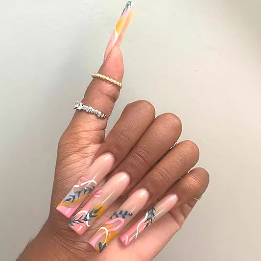 Tropical Paradise Long Square Press On Nail Set Pink and Clear with Colorful Floral Design