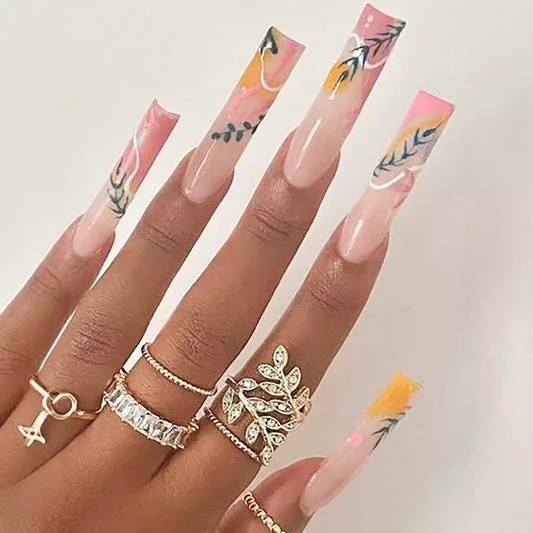 Blossom Garden Long Square Press On Nail Set Pink and Clear Floral Design