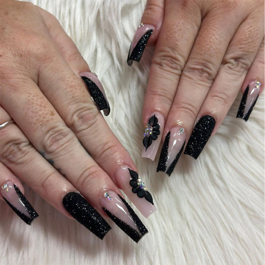 Glamorous Evening Black Coffin Long Press On Nail Set with Glitter and Floral Accents