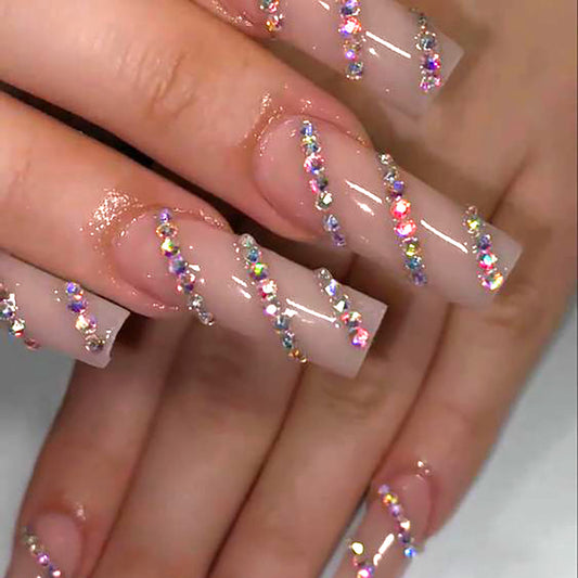 Sparkling Crystal Cascade Long Coffin Clear Press On Nail Set with Rhinestone Embellishments