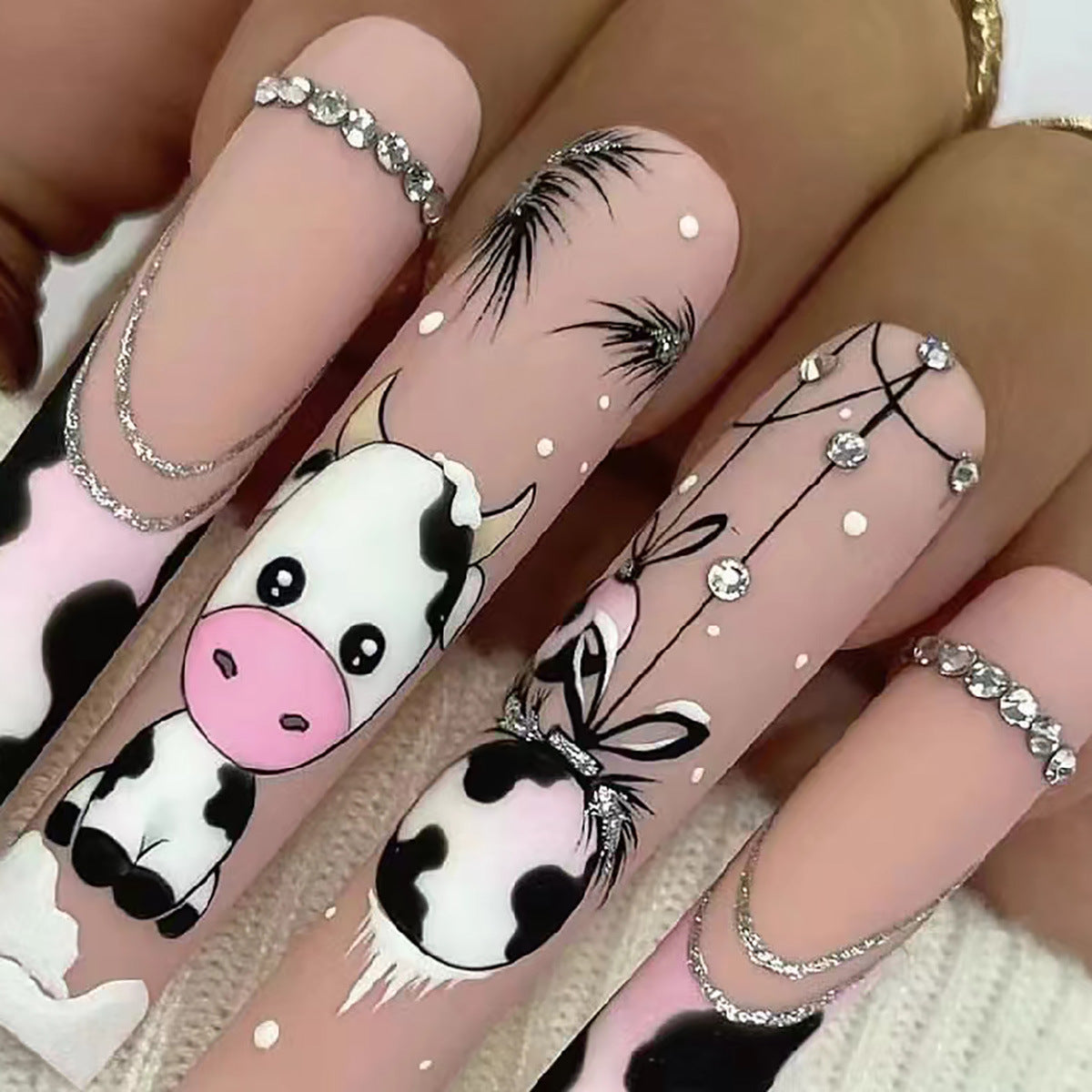 Farmhouse Finesse Long Square Pink Black and White Cow Print with Rhinestone Accents Press on Nail Set
