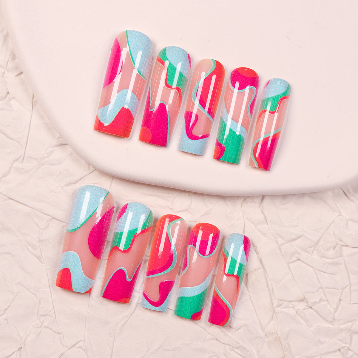 Retro Wave Long Square Shape Multicolor Press On Nails with Vibrant Swirl Design