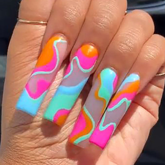 Psychedelic Vibes Long Square Shape Multicolor Press On Nails with Groovy Swirl Accents