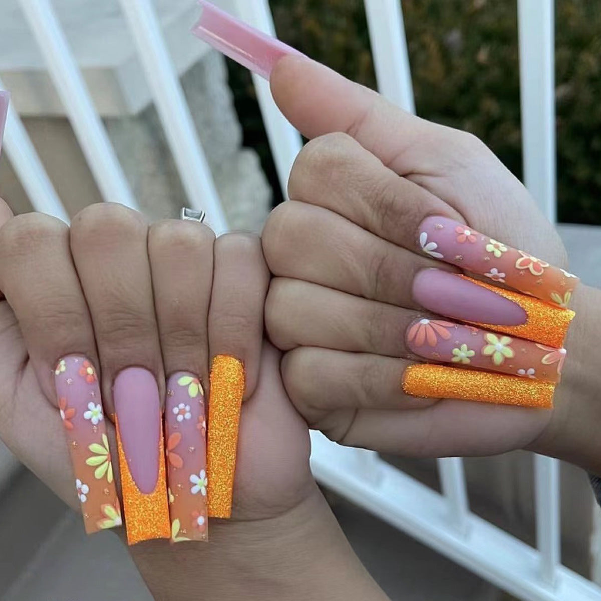 Tropical Sunset Long Coffin Orange Glitter Floral Press On Nail Set with Sparkling Accents