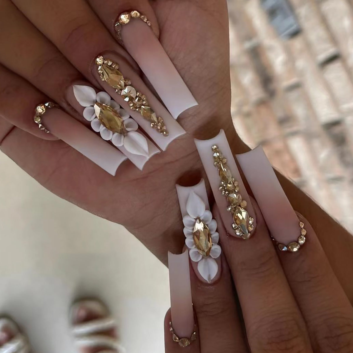 Royal Wedding Long Duck White Press On Nail Set with 3D Flowers and Gold Gem Accents