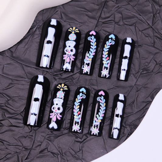 Gothic Floral Long Square Black Press On Nail Set with Colorful Skeleton and Flower Designs