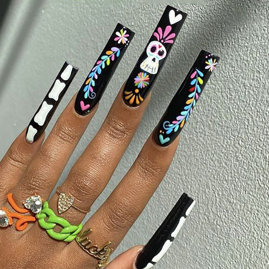 Day of the Dead Long Square Black Press On Nail Set with Colorful Floral Sugar Skull Design