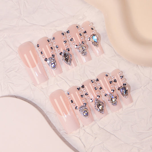 Glamorous Elegance Long Coffin Pink Press On Nail Set with Stunning Rhinestone Accents