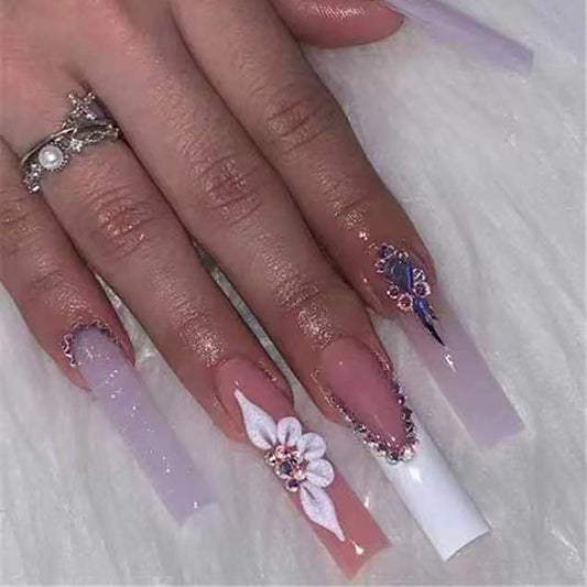Floral Fantasy Extra Long Square Ombre Pink Press On Nail Set with 3D Flower Accents