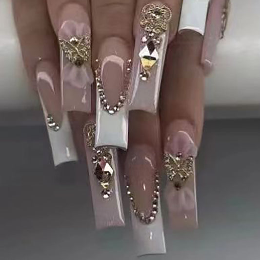 Baroque Elegance Extra-Long Coffin Beige Press On Nail Set with Rhinestone Accents and Gold Filigree