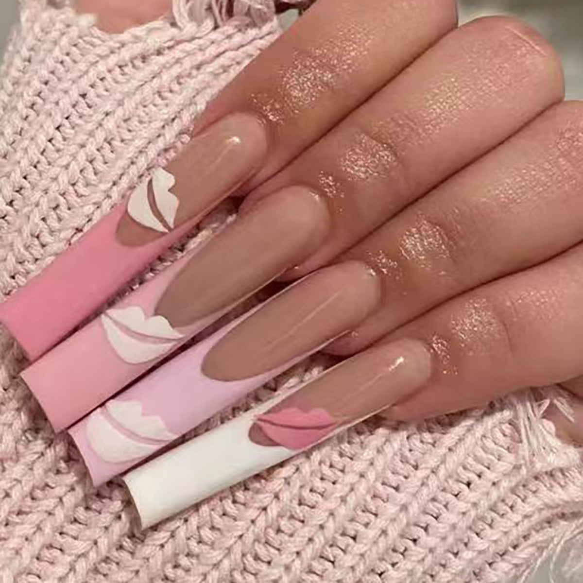 Romantic Ombre Bliss Long Coffin Pink and White Press On Nail Set with Kiss Accent Detail