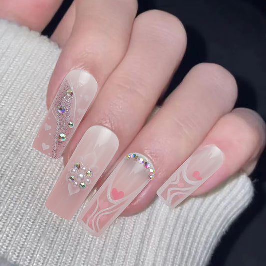 Enchanted Elegance Long Square Beige Press-On Nails with Rhinestone Accents and Heart Patterns