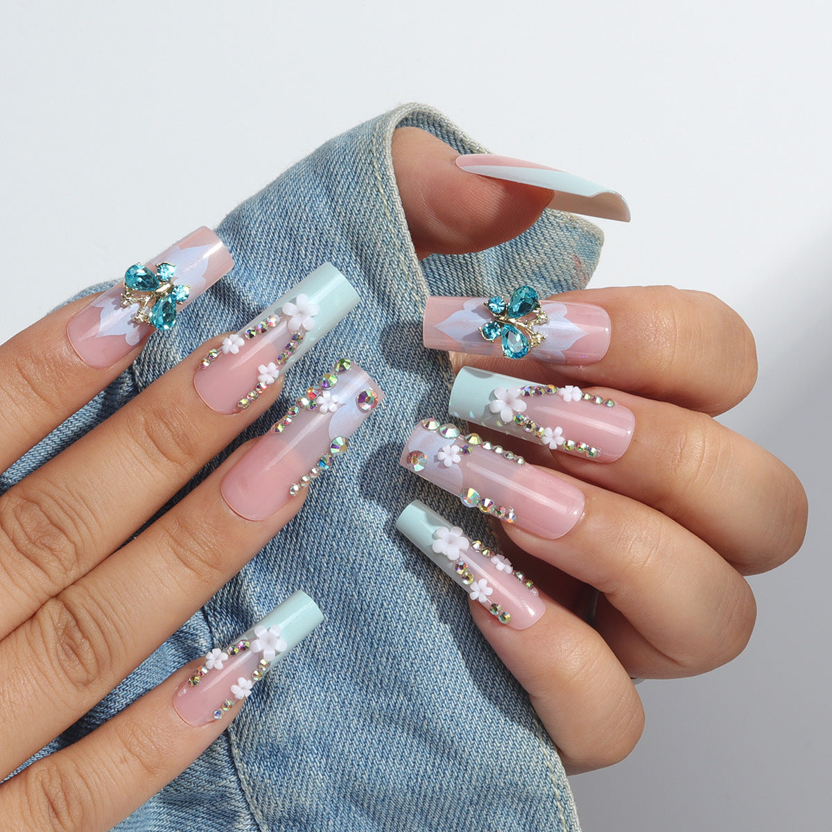 Bohemian Dream Long Square Mint and Pink Press On Nail Set with Floral and Gem Accents